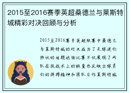 2015至2016赛季英超桑德兰与莱斯特城精彩对决回顾与分析